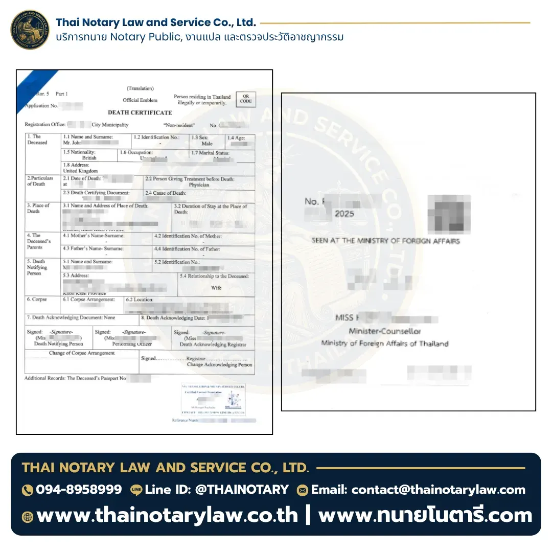 หน้ารับรองคำแปลและลายมือชื่อของทนายความ พร้อมข้อความ Certified True Copy